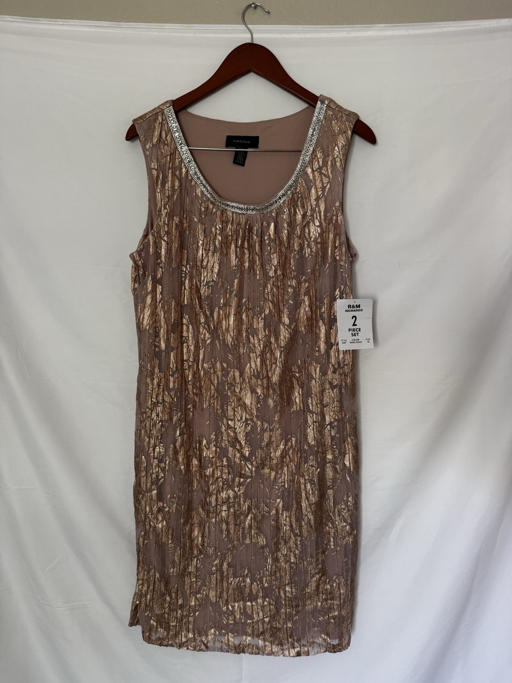 R&M Richards Gold Metallic Crinkle Rhinestone Dress Size 16 NWT